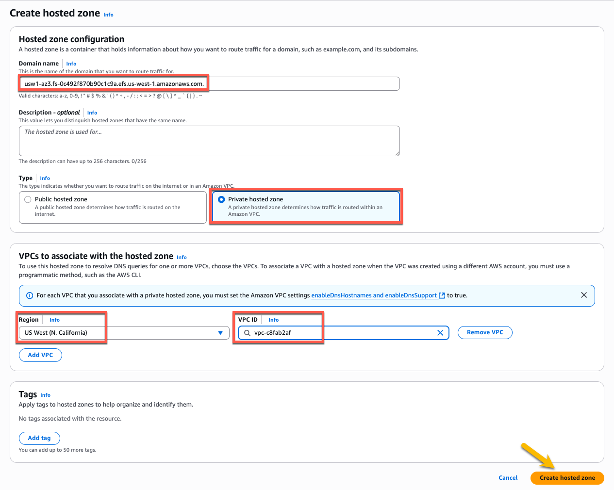 Figure 17: Adding details for private hosted zone for EFS AZ-ID domain name