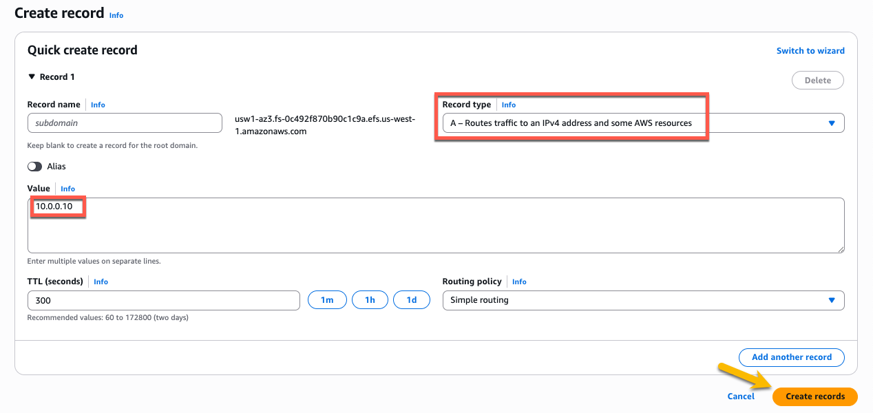 Figure 18: Creating an A record for the hosted zone correcponding to IP address to mount target