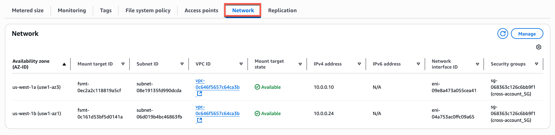 Network tab from EFS file system console page