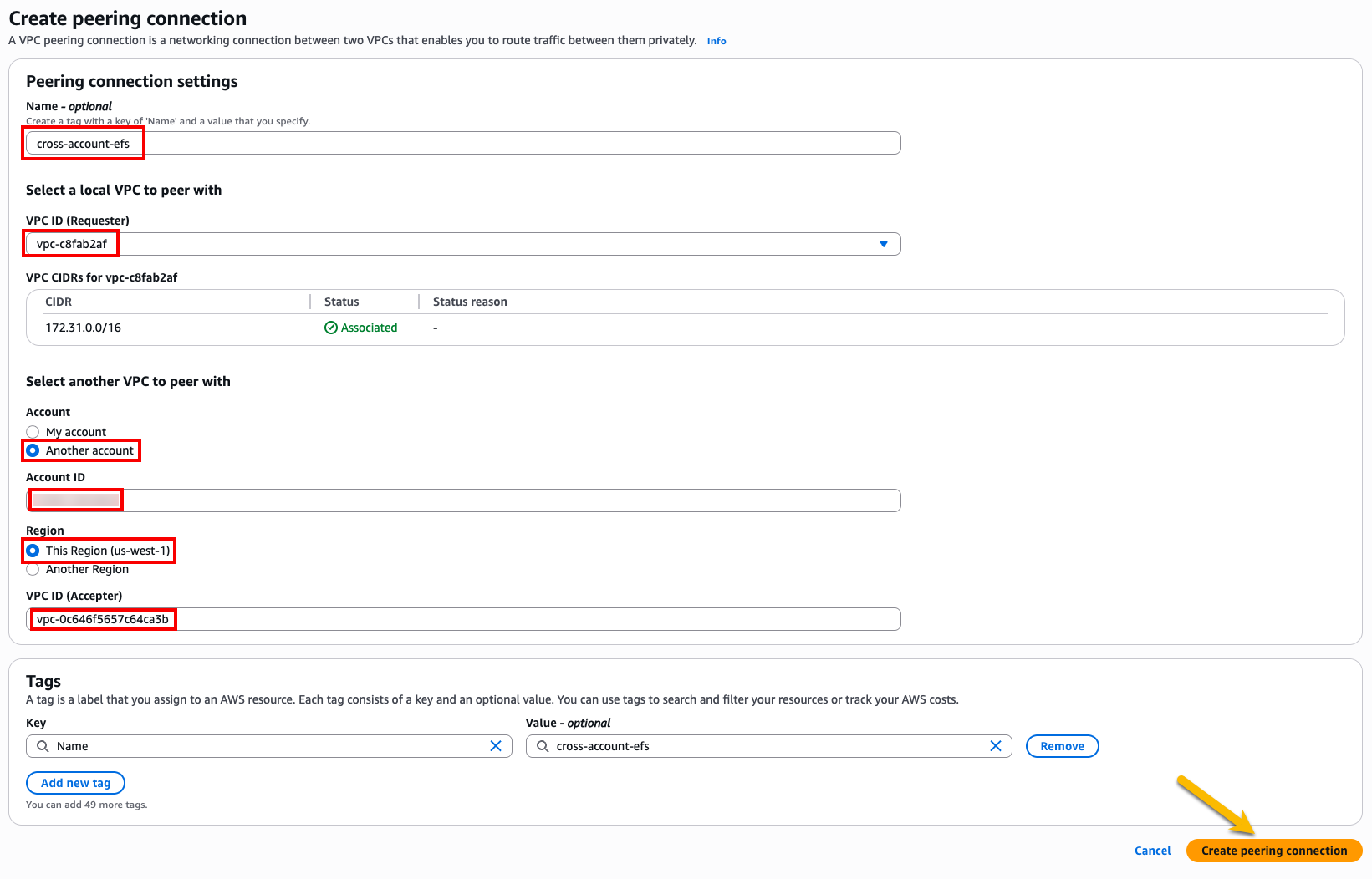 Figure 6: Creating a VPC peering connection