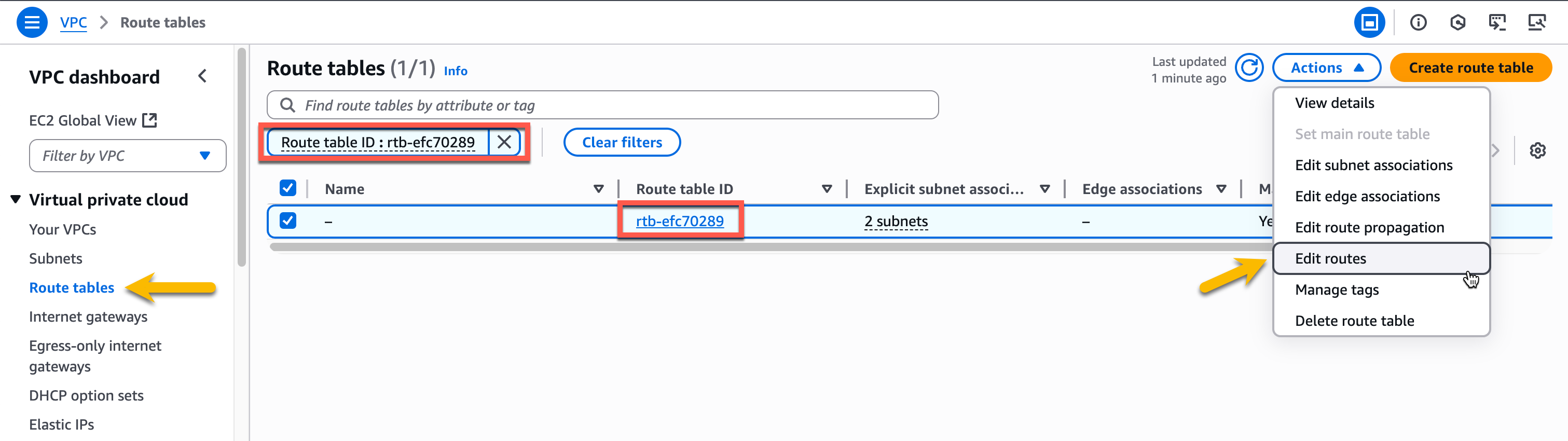 Figure 9: VPC console page showing how to edit routes for a Route Table