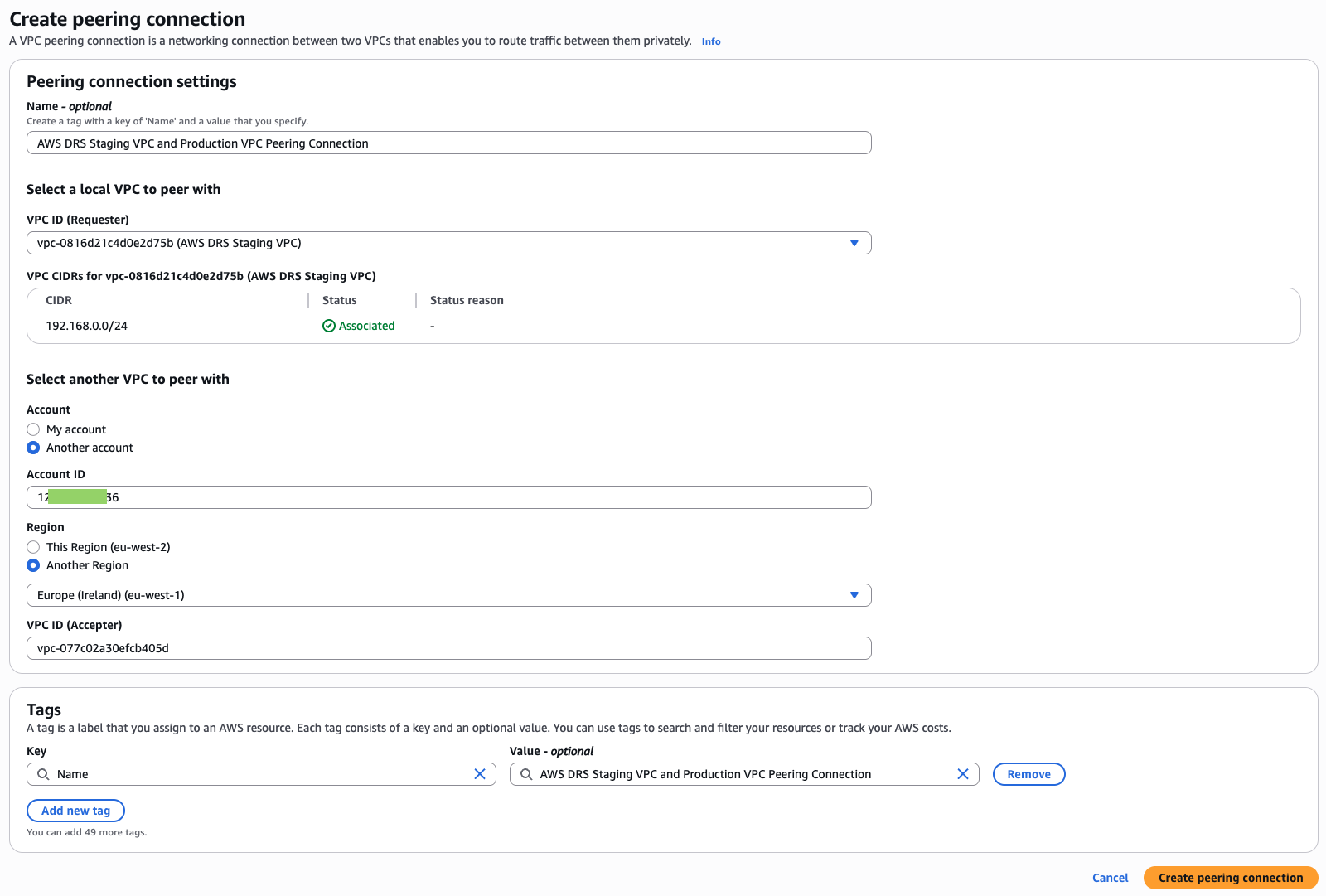 To establish connectivity between the Production VPC in the Production Account and the Staging VPC in the Recovery Account, we implement VPC Peering