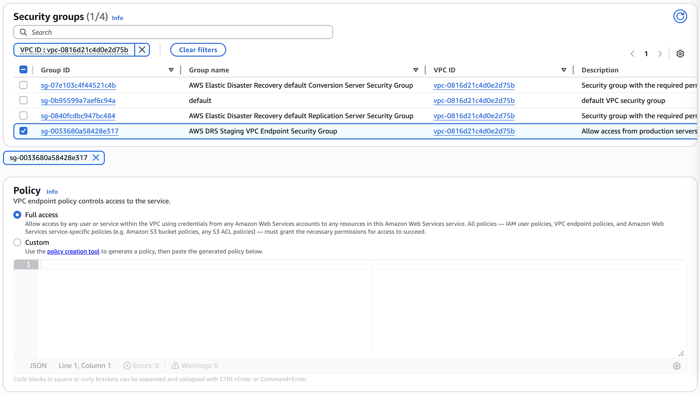 Choosing Security groups and endpoint policy for VPC endpoint