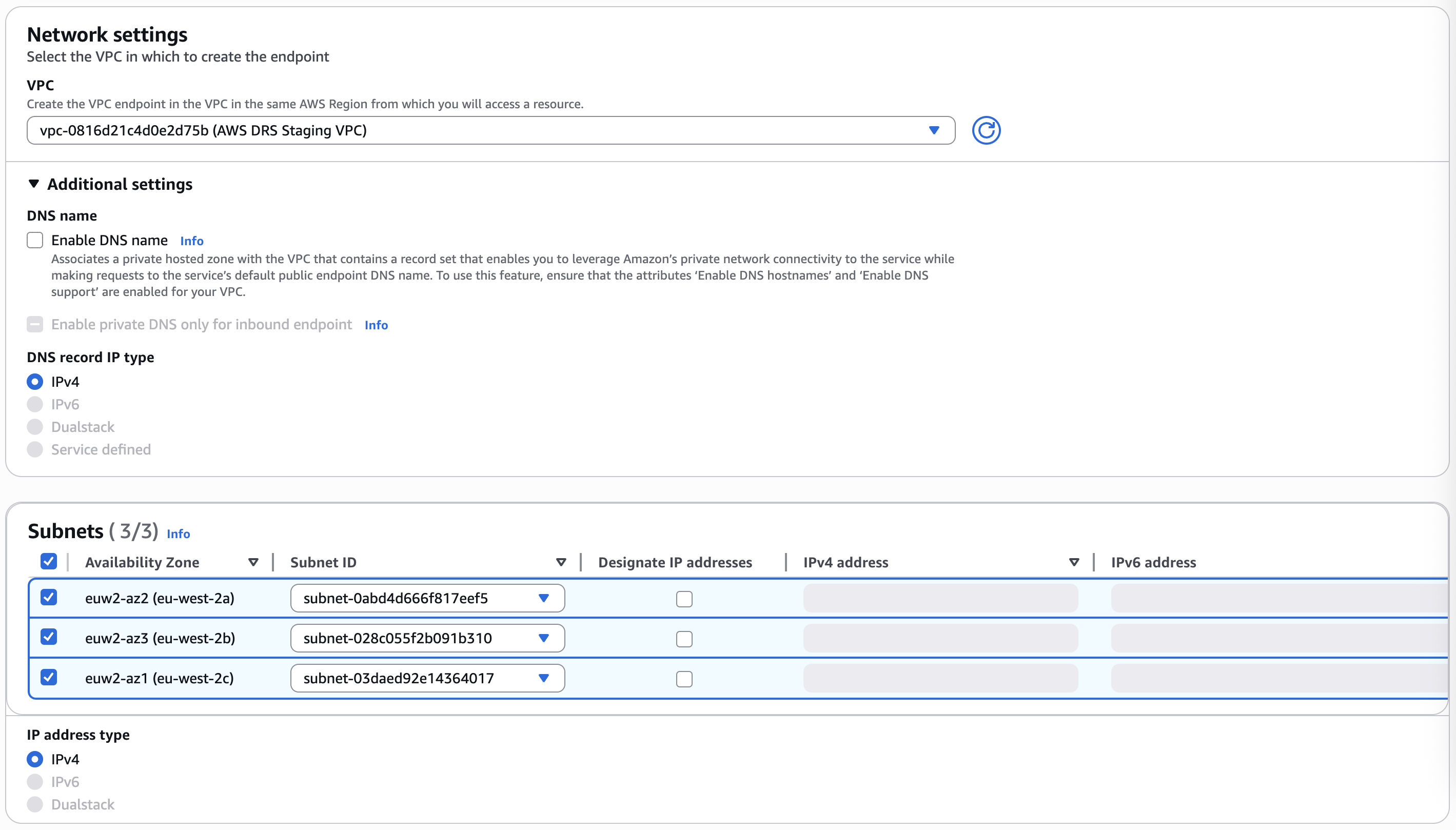 Choosing VPC, Subnets and additional settings for VPC endpoints