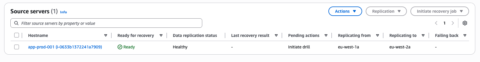 Source server shown in Elastic Disaster Recovery console after AWS Replication Agent installation 