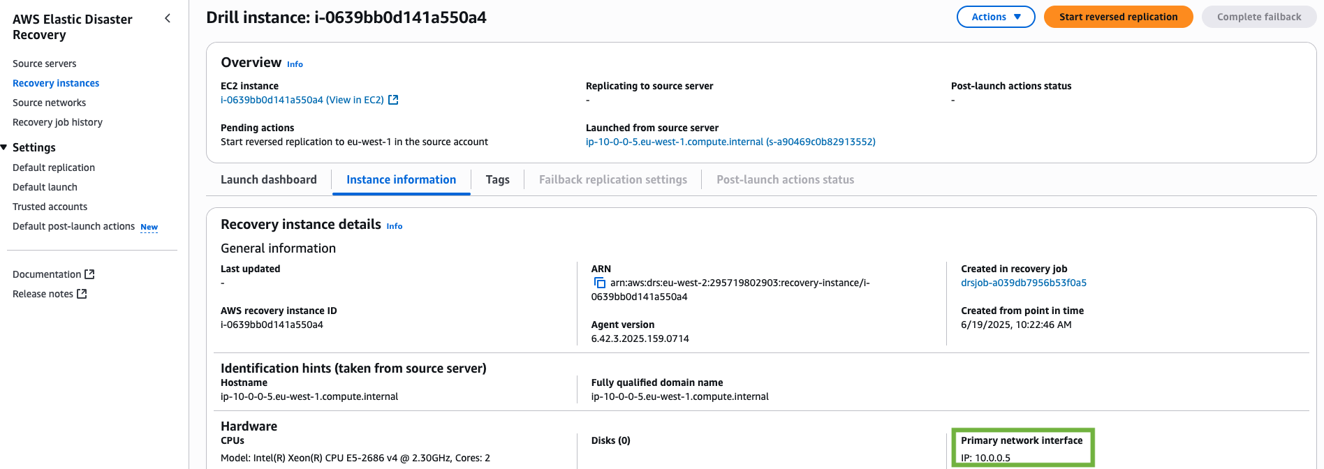 Details of Recovery EC2 instance launched after drill completes successfully