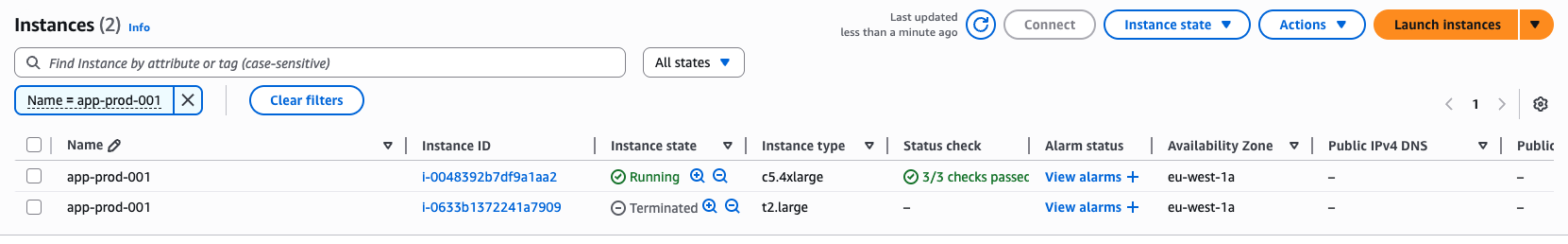 New production server launched and shown in EC2 console