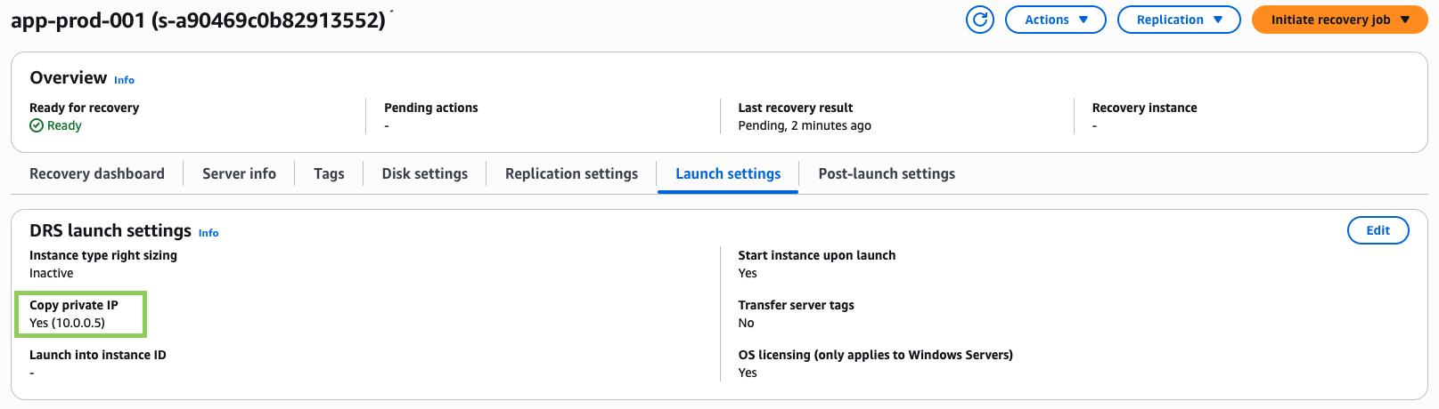 To preserve source IP in your DR region, make sure Copy Private IP option is selected in Launch Settings of the source server