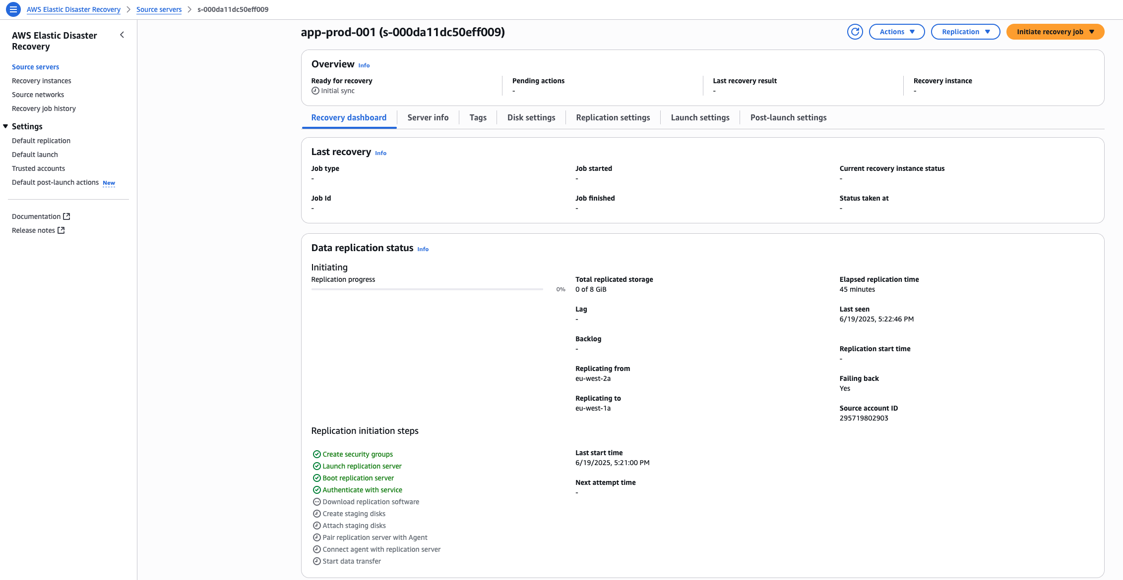 Monitoring reverse replication of source servers in Production Account in Elastic Disaster Recovery console