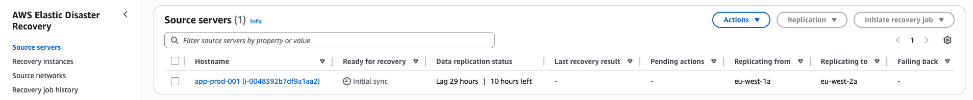 After the reverse replication is started, the old production server is replaced with the new production server and the change is visible in Elastic Disaster Recovery console in Recovery Region