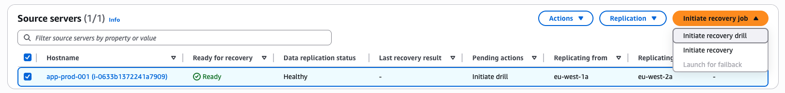 Choosing a source server for performing a DR drill in Elastic Disaster Recovery console