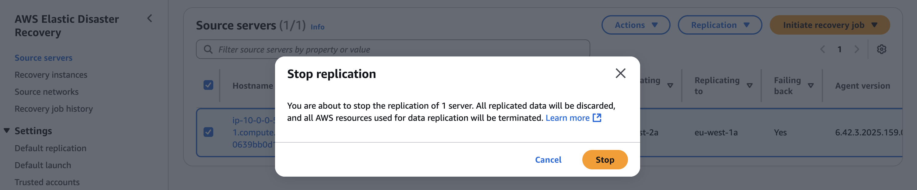 After the new production server is protected in Recovery Region, the replication of recovery servers to Production Region is no longer needed