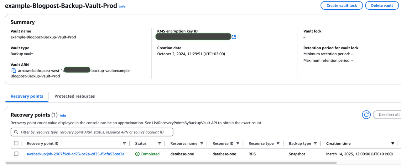AWS Backup Vault in production account. When the AWS Backup takes the snapshot of RDS Instance, it appears in AWS Backup Vault as Recovery Points.