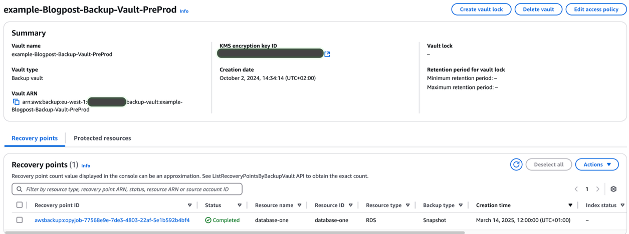 You can see the copied snapshot from production account in the AWS Backup Vault of the pre-production account.