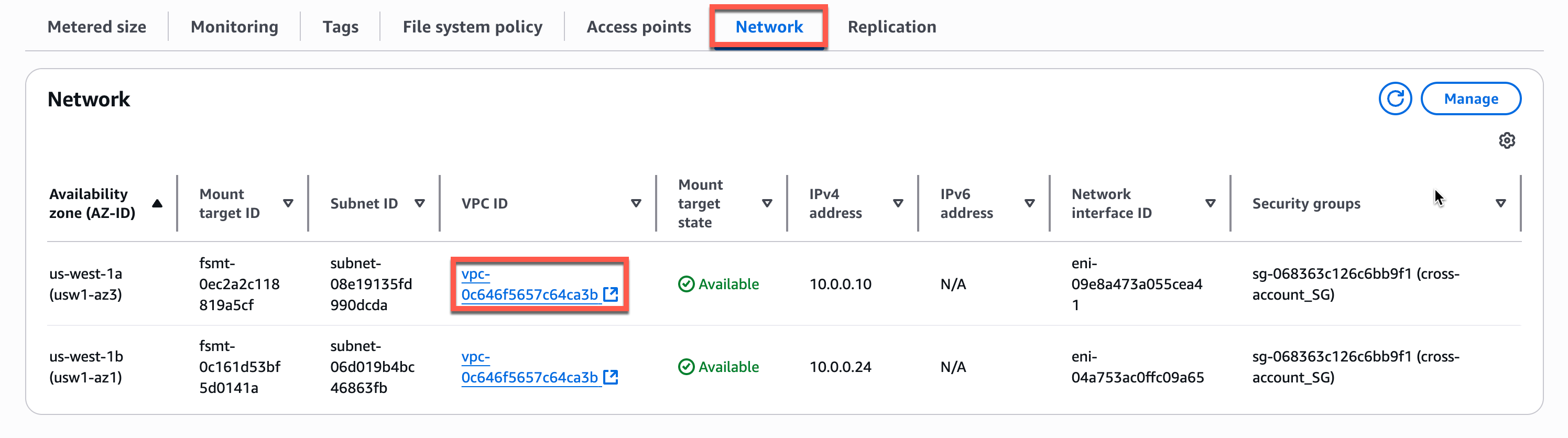 Amazon EFS console page Network tab showing the VPC ID