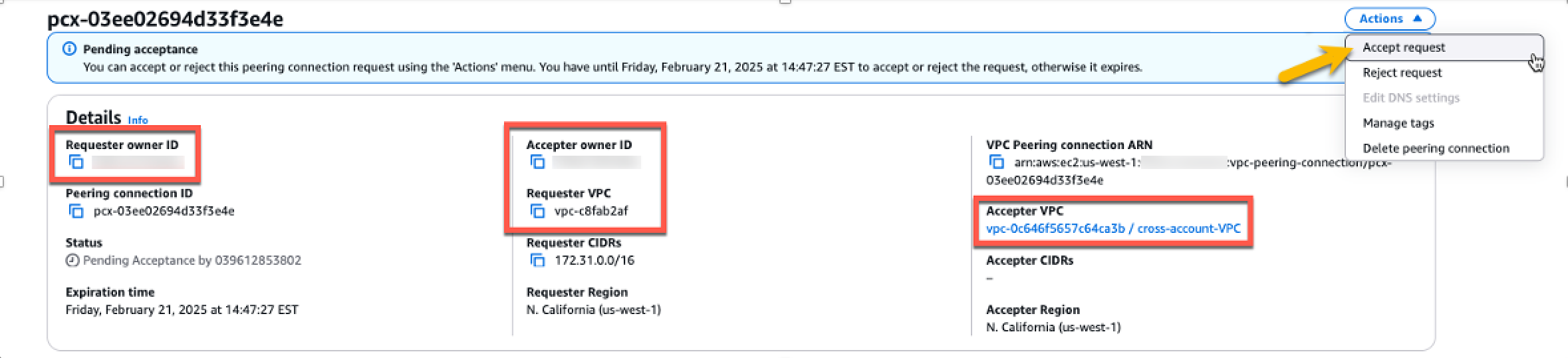 Details page of VPC peering connection showing requester and accepter information with accept request option.