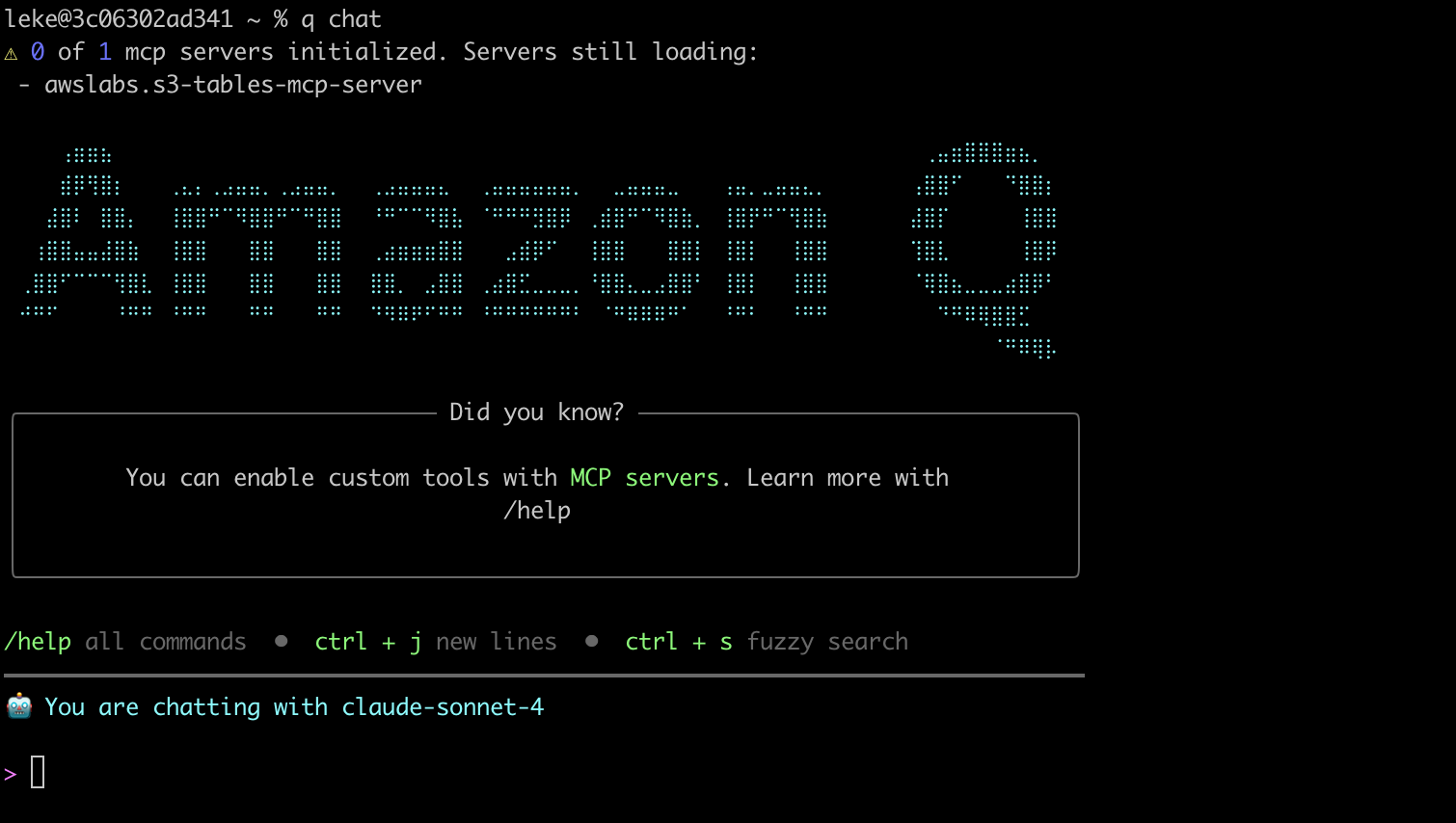 Screenshot that shows user typing "q chat" and the q chat starting up.