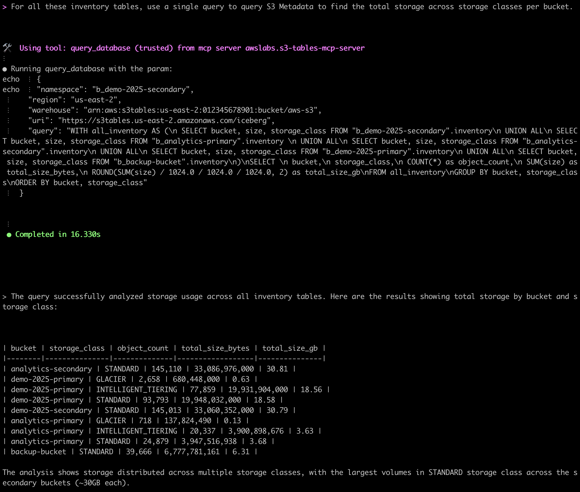 Screenshot of Q chat prompt: For all these inventory tables, use a single query to query S3 Metadata to find the total storage across storage classes per bucket. Q responds with insights into the object storage by bucket.
