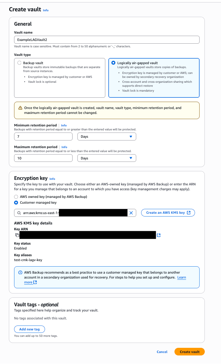 creating an AWS Backup logically air-gapped vault with CMK encryption