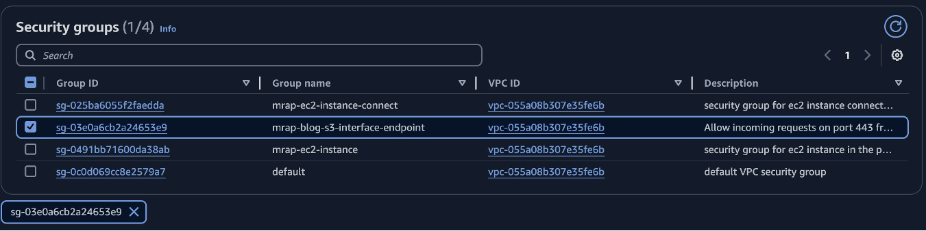 Select Security Group for S3 global access VPC endpoint