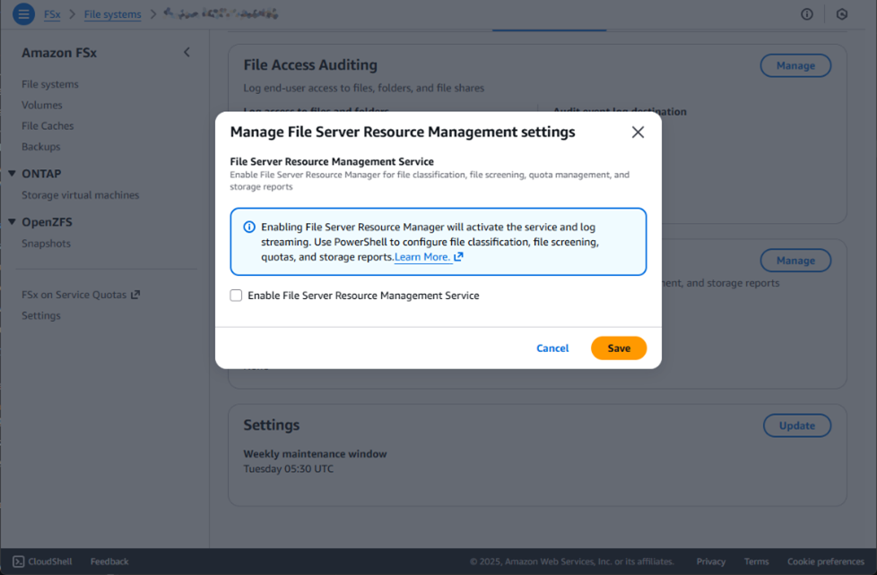 Figure 2: FSRM is not chosen in this dialogue box