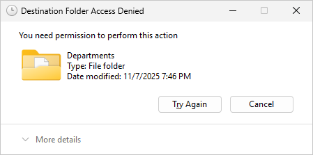 Figure 6: FSRM File Screening prevents writing an executable into the Departments directory