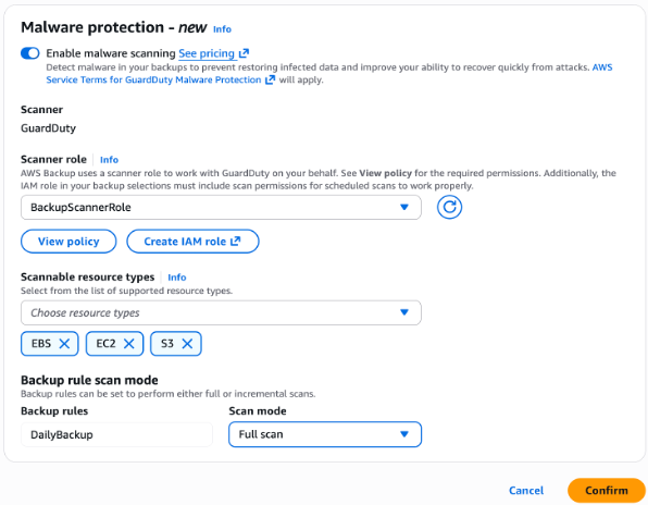 console image showing adding malware scanning to a backup plan
