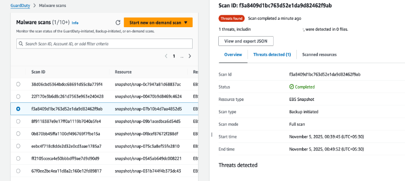 console image of monitoring malware scans