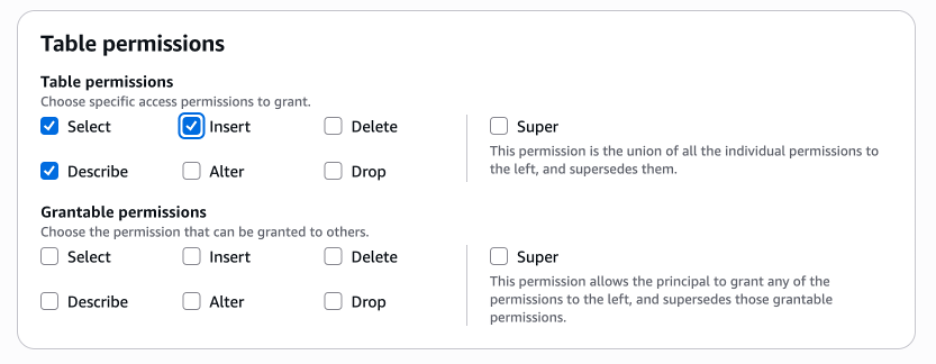 Set table permissions