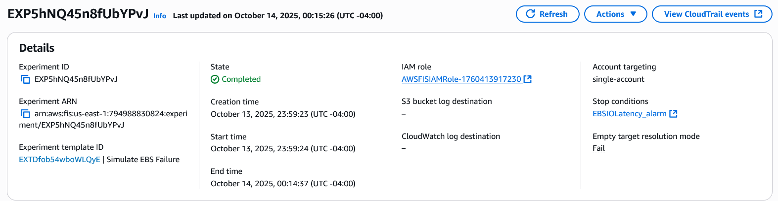 AWS Fault Injection Service interface showing details of a completed experiment with ID EXP5hNQ45n8fUbYPvJ. The screen displays experiment state (Completed), IAM role, stop conditions (EBSiOLatency_alarm), and timing information including creation, start, and end times spanning October 13-14, 2025.