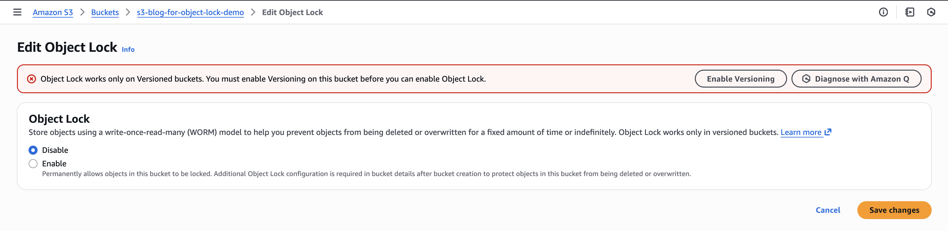 AWS Management Console prompting to enable versioning for S3 Object Lock