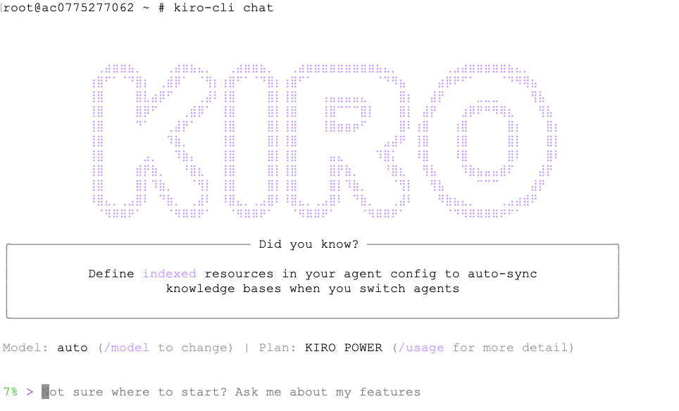 Amazon Q Kiro CLI chat interface showing ASCII art logo with tip about defining indexed resources for agent configuration auto-sync
