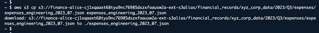 Screenshot of a CloudShell console session with the command from the step executed. The file requested has been downloaded and saved locally