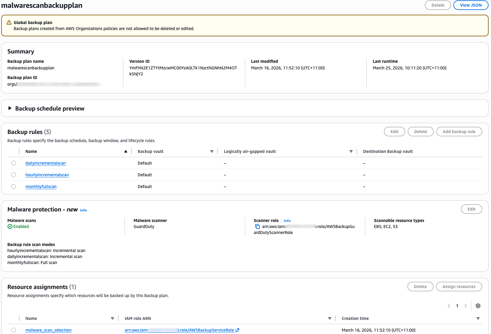 configuring malware scanning in the backup account