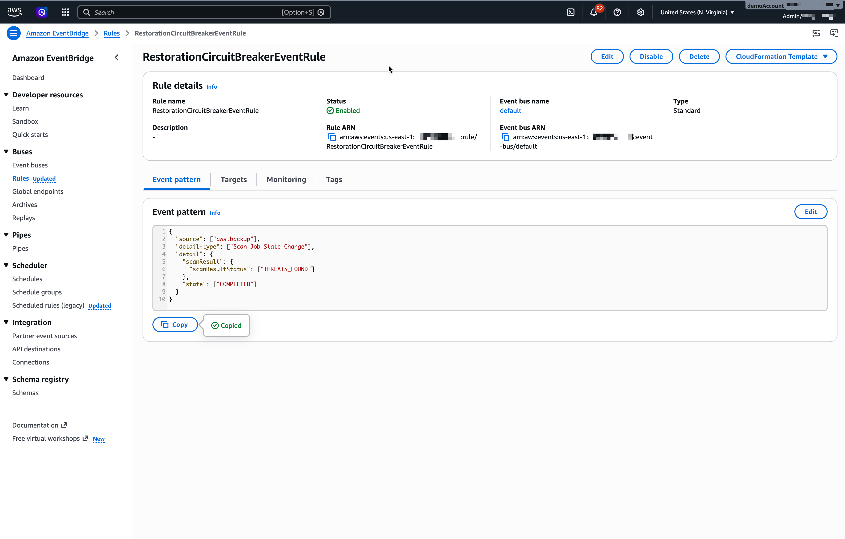 screenshot of eventbridge rule that captures malware scan event