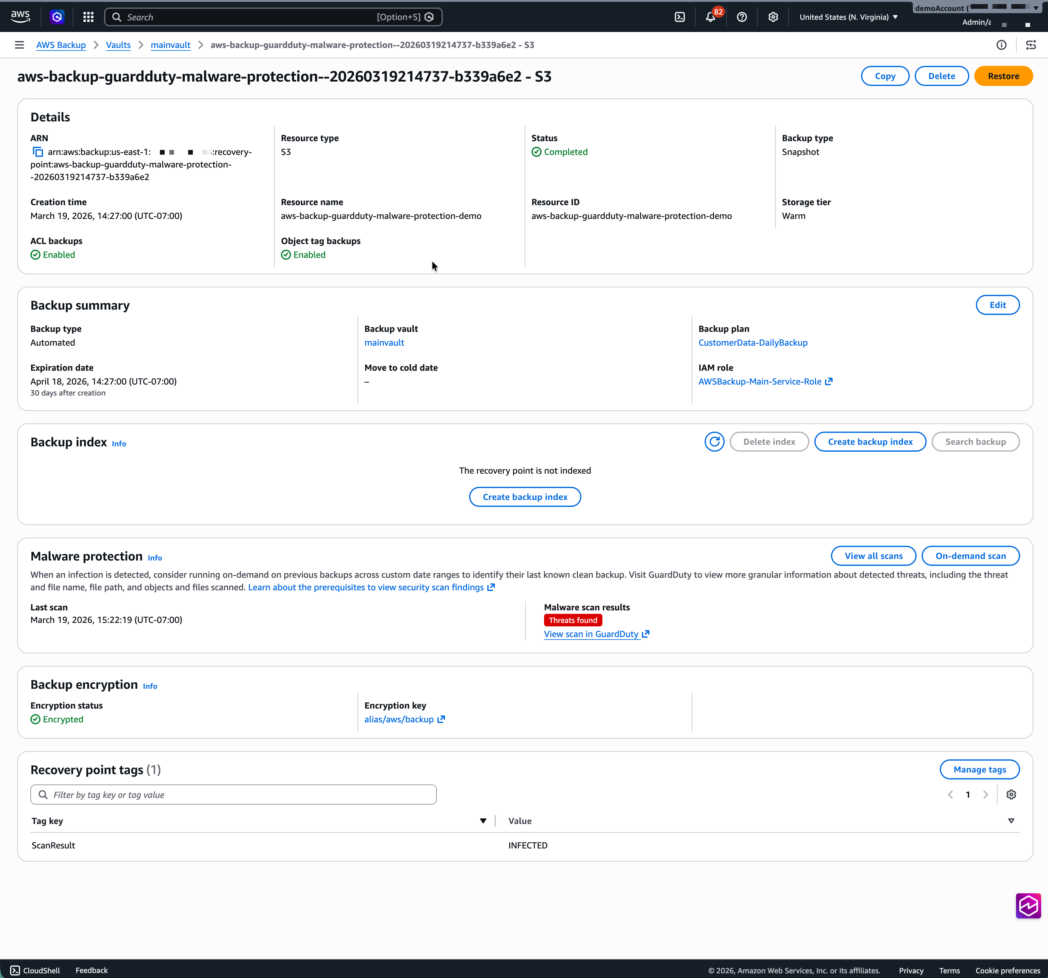 console screen show AWS Backup malware scans that are tagged as infected