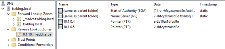 DNS Manager console showing forward and reverse lookup zones configured for the fsxblog.local Active Directory domain.