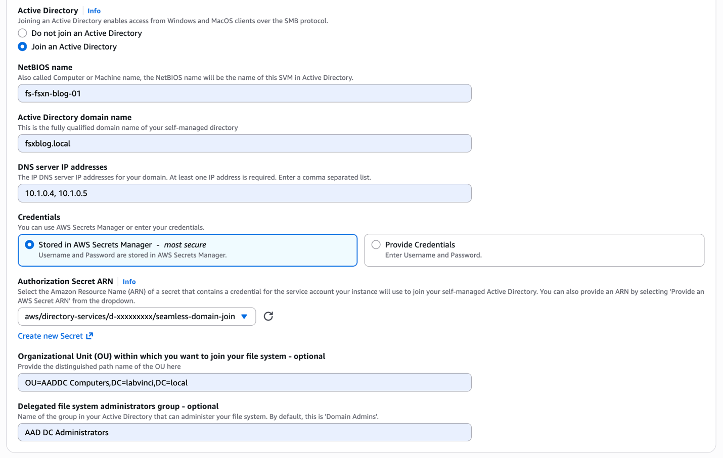 AWS console Active Directory configuration for an Amazon FSx for NetApp ONTAP SVM, showing domain join settings with AWS Secrets Manager credentials.