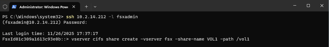 PowerShell terminal showing SSH connection to Amazon FSx for NetApp ONTAP to create and verify a CIFS SMB share.