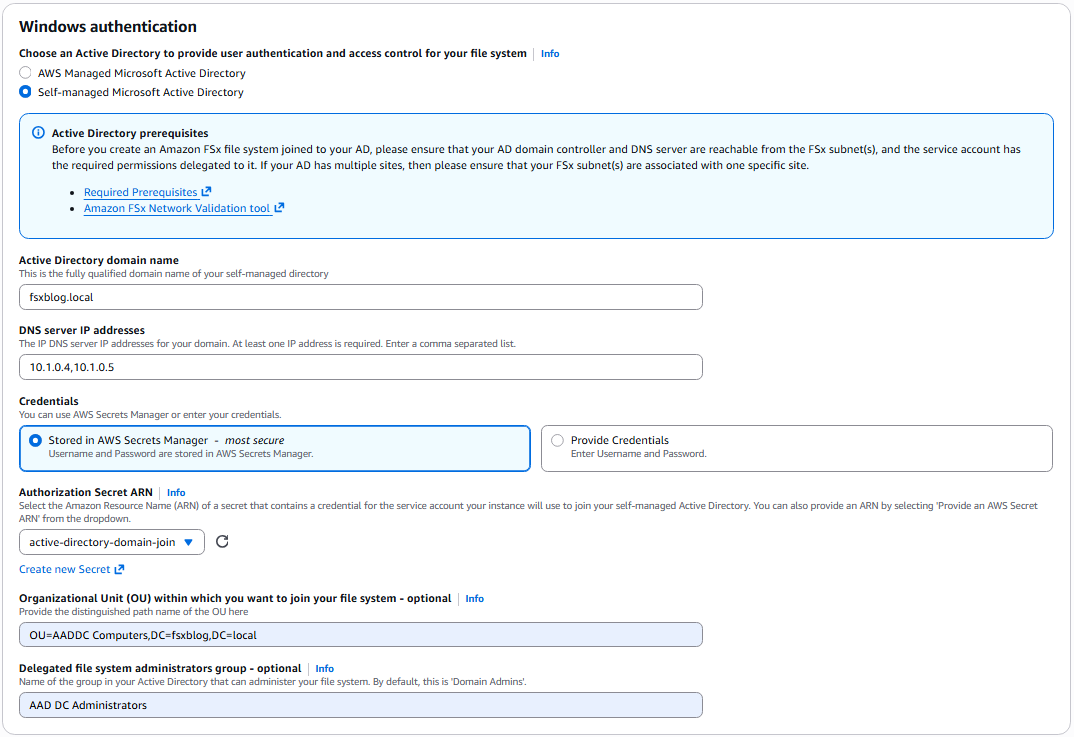 AWS console Windows authentication configuration for Amazon FSx for Windows File Server, showing self-managed Active Directory settings with AWS Secrets Manager credentials.