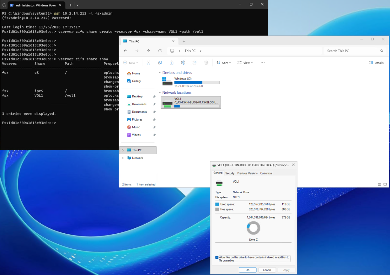 Windows EC2 instance showing a mapped SMB network drive from Amazon FSx for NetApp ONTAP with the VOL1 share properties dialog displaying 972 GB capacity on NTFS.
