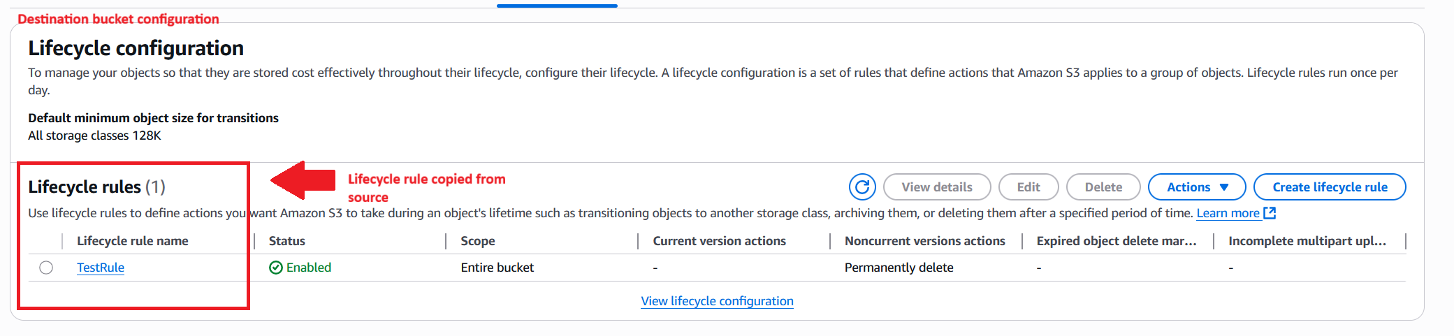 Amazon S3 console showing the TestRule lifecycle rule now present on the destination bucket, with the same transitions and expiration settings as the source.