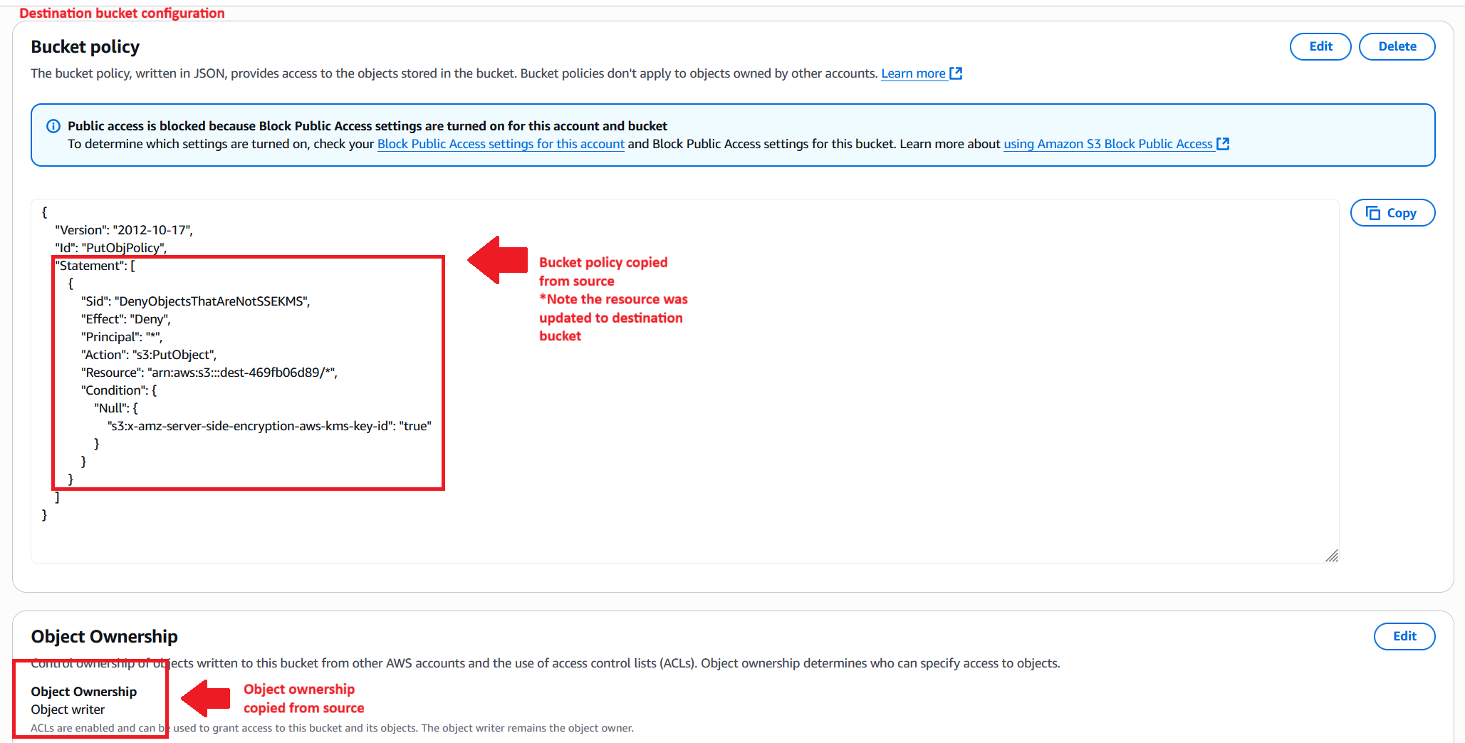 Amazon S3 console showing the destination bucket’s policy and Object Ownership configuration after the workflow runs, with the ownership controls matching the source.