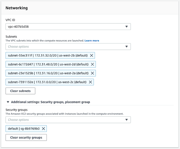 A detail of the Batch compute environment network settings showing the same subnets and security group as the EFS file system