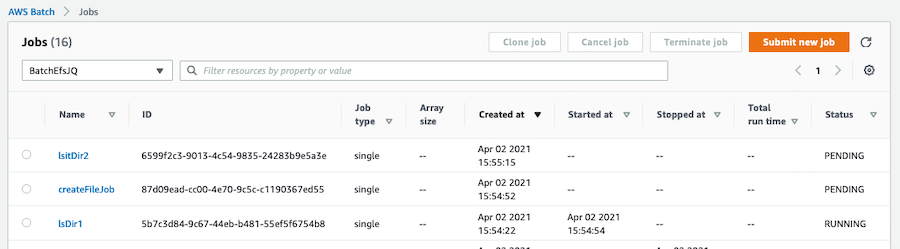 A view of the AWS Batch running jobs showing the ones that were just submitted. One job is shown as RUNNING and the others have PENDING status. 
