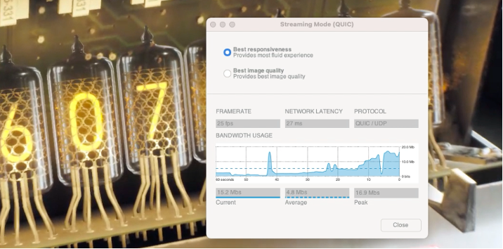 Figure 1 shows DCV's Streaming Mode panel, which shows framerates, latency, and bandwidth consumption figures.
