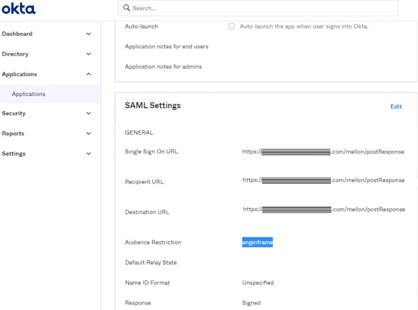 Figure 2 – OKTA application SAML settings. Check to set Single Sign On URL, Recipient URL, Destination URL and Audience Restriction as mentioned above. The blurred text will be your EnginFrame website server name.