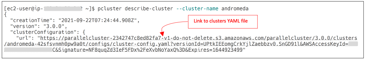 Figure 1: Link to clusters YAML configuration file, outputted by the describe-cluster command.