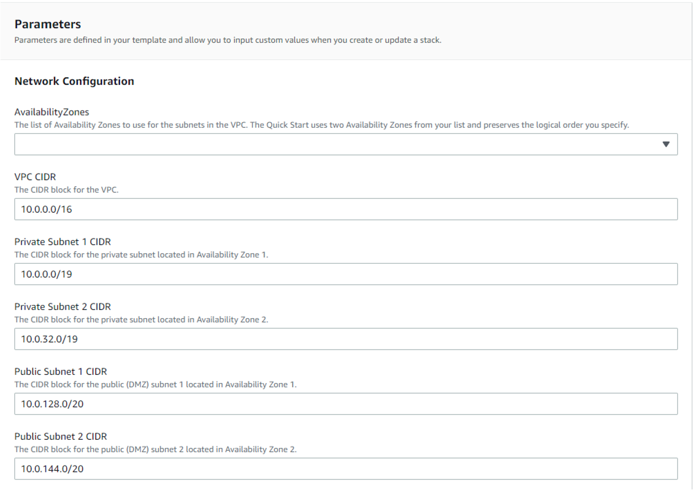 Figure 4: Enter parameters (availability zone and CIDR) for AWS CloudFormation.