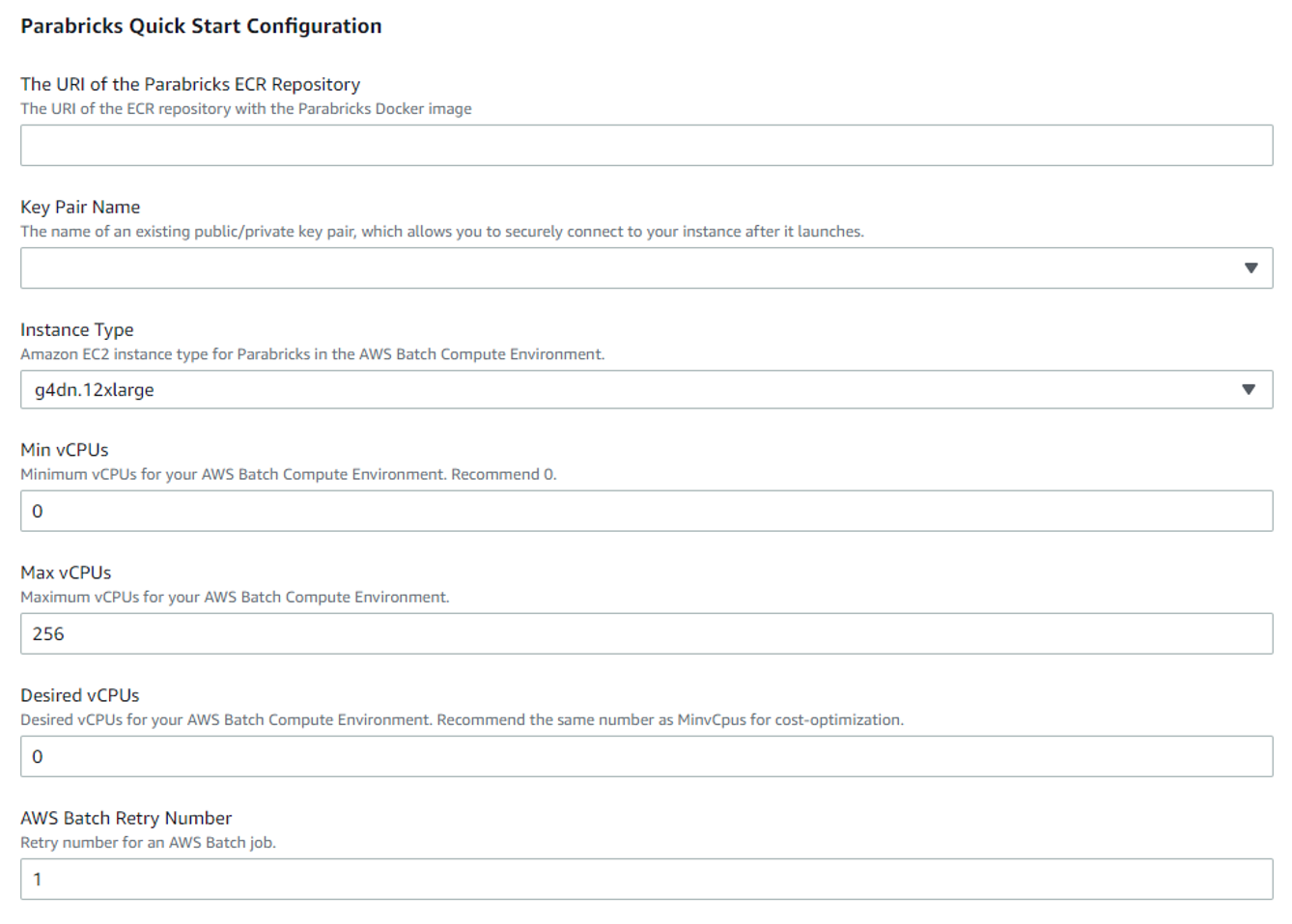 Figure 5: Enter configuration for Parabricks Quick Start. 